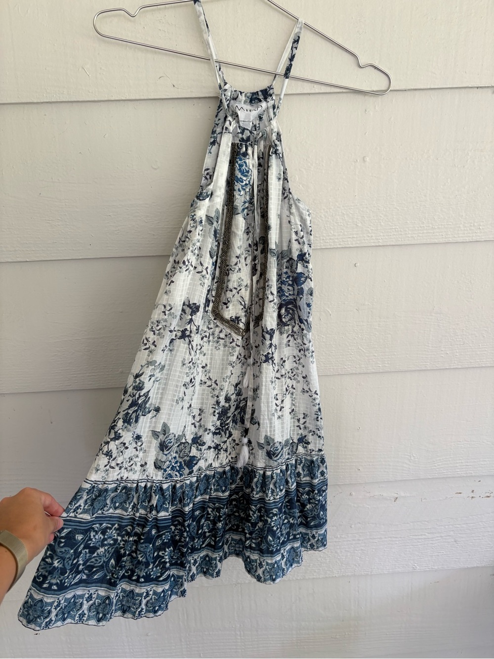 MIRA Women’s Small Blue White Floral Halter Dress Boho Beaded Cotton Mini